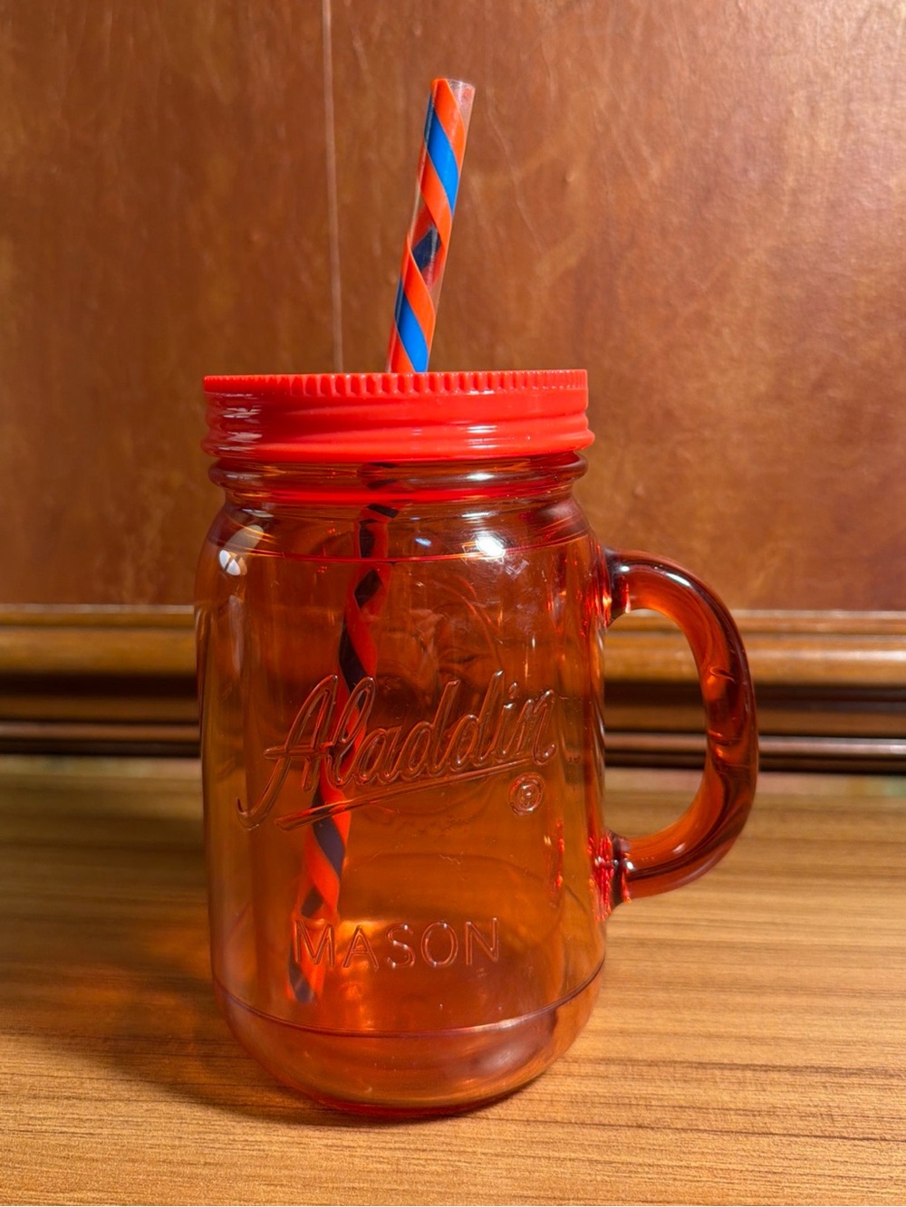 Aladdin 20oz Insulated Plastic Mason Jar Tumbler Orange Lid & Striped Straw Used